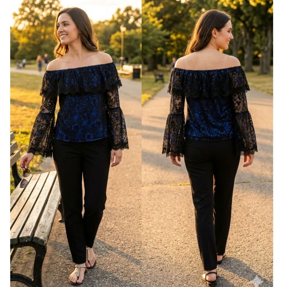 (J1)White House Black Market Off-the-Shoulder Lace and Blue Top 12P,Gothic Style